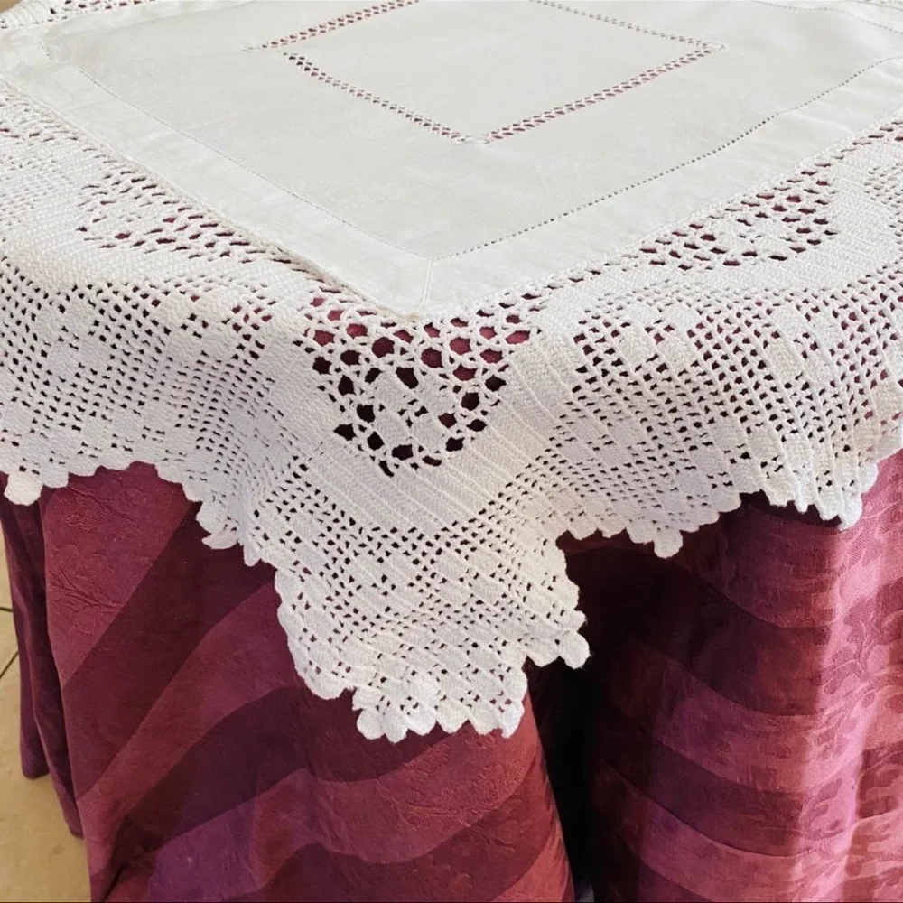 Vintage handmade cut-work and crochet white tablecloth, Fine quality cotton.